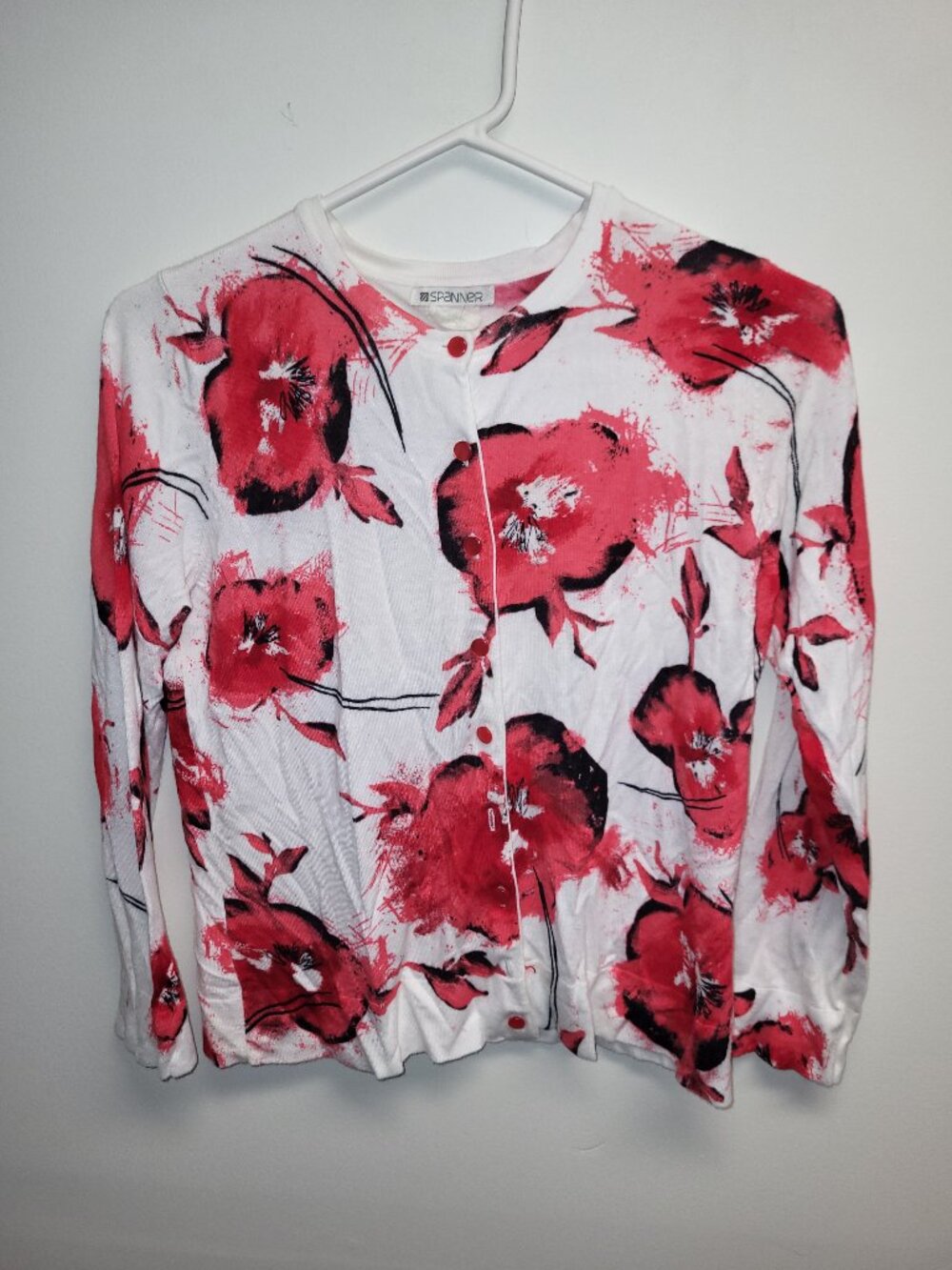 Spanner Floral Cardigan Sweater Size L Red Black White Button Front Lightweight